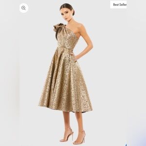 Mac Duggal Gold One Shoulder Bow Midi Dress With Pockets